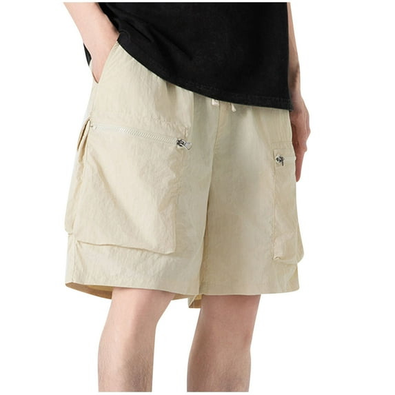 DeHolifer Shorts for Men Plus Size Summer Trendy Elastic Waist Drawstring Solid Color Workwear Pants with Zipper Pocket Beige 3XL