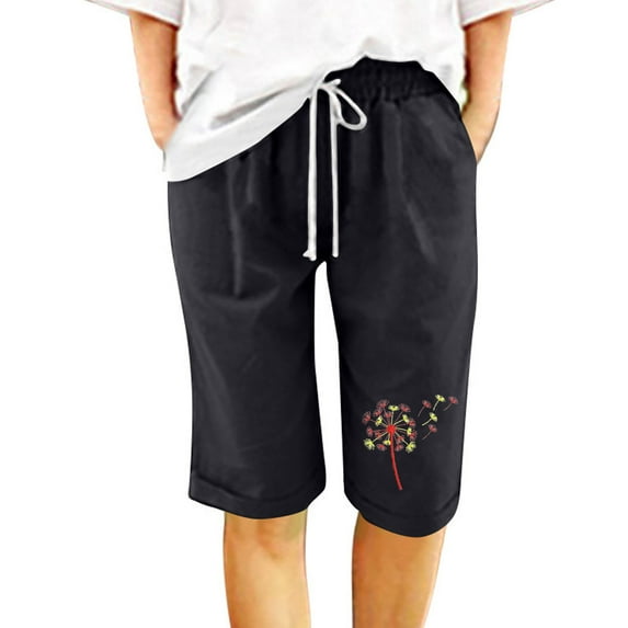 DeHolifer Shorts for Women Cotton Linen Elastic Waist Dandelion Print Drawstring Loose Casual Shorts Black M