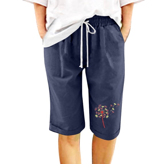 DeHolifer Shorts for Women Cotton Linen Elastic Waist Dandelion Print Drawstring Loose Casual Shorts Navy M