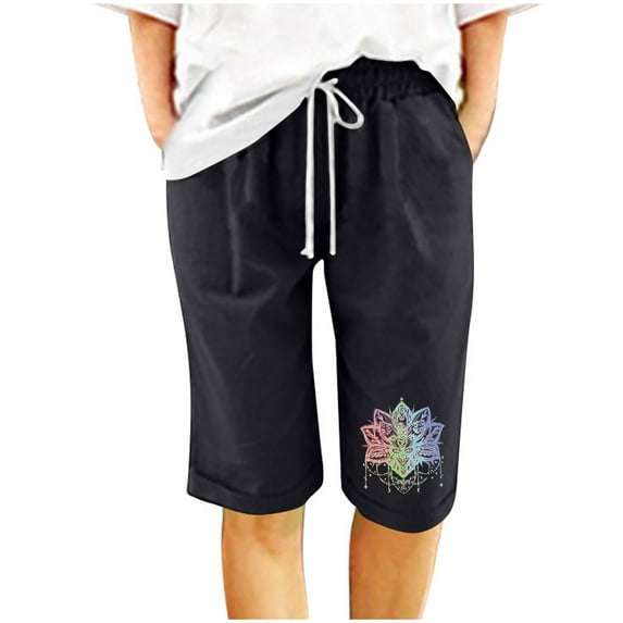 DeHolifer Shorts for Women Cotton Linen Elastic Waist Floral Print Drawstring Loose Casual Shorts Black M