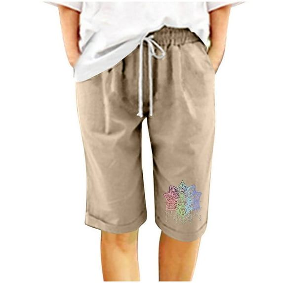 DeHolifer Shorts for Women Cotton Linen Elastic Waist Floral Print Drawstring Loose Casual Shorts Khaki 2XL