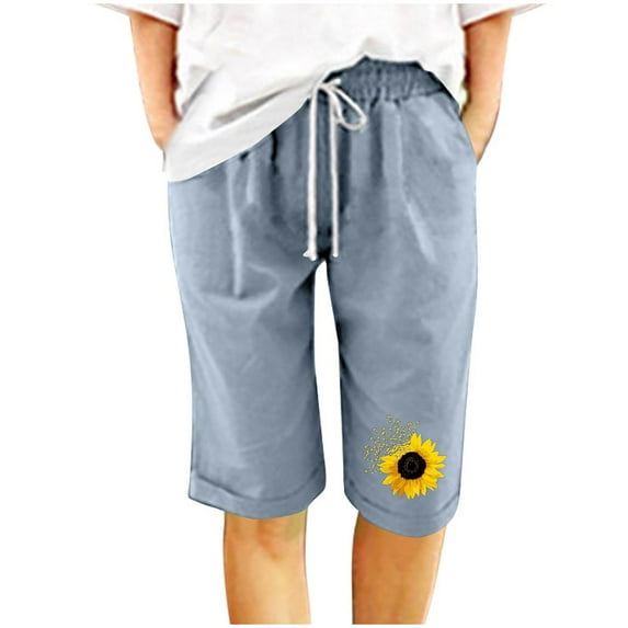 DeHolifer Shorts for Women Cotton Linen Elastic Waist Sunflower Print Drawstring Loose Casual Shorts Light Blue S