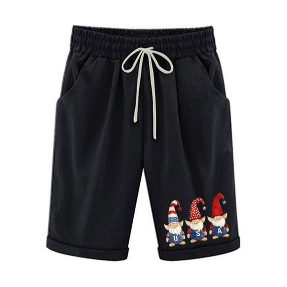 DeHolifer Shorts for Women Independence Day Print Elastic Waist Drawstring Summer Loose Casual Shorts with Pockets Black S
