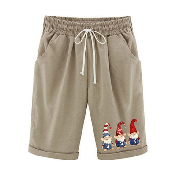 QQAMB Shorts for Women Independence Day Print Elastic Waist Drawstring Summer Loose Casual Shorts with Pockets Khaki XL