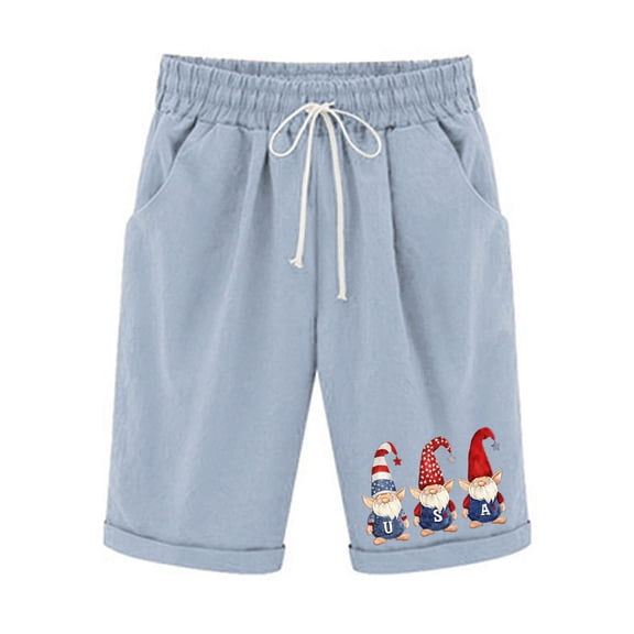 QQAMB Shorts for Women Independence Day Print Elastic Waist Drawstring Summer Loose Casual Shorts with Pockets Light Blue 2XL