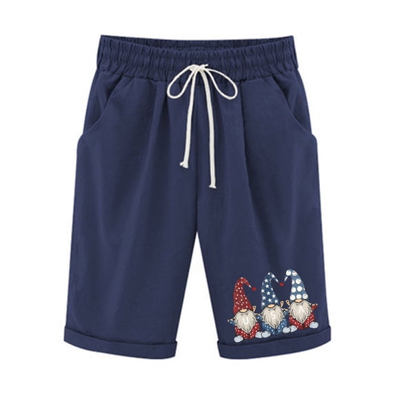 DeHolifer Shorts for Women Independence Day Print Elastic Waist Drawstring Summer Loose Casual Shorts with Pockets Navy M