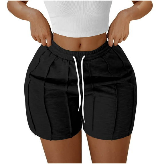 DeHolifer Shorts for Women Solid Color Elastic Waisted Drawstring Strip Pleated Loose Comfy Shorts Black L