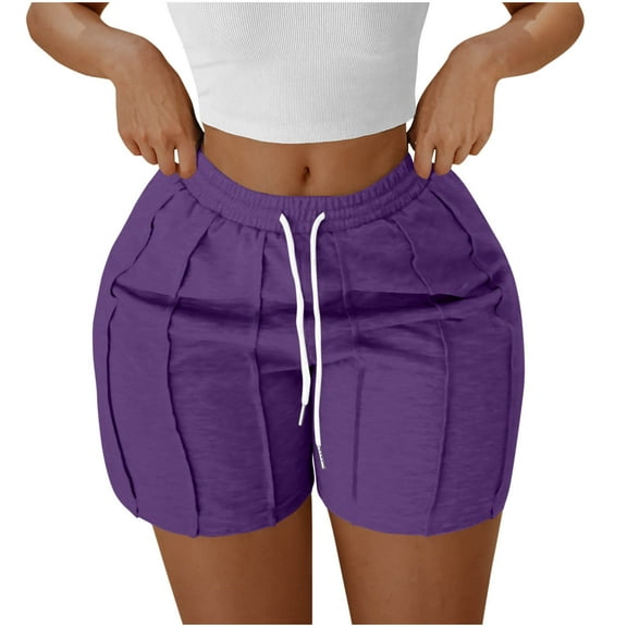 DeHolifer Shorts for Women Solid Color Elastic Waisted Drawstring Strip Pleated Loose Comfy Shorts Purple XL