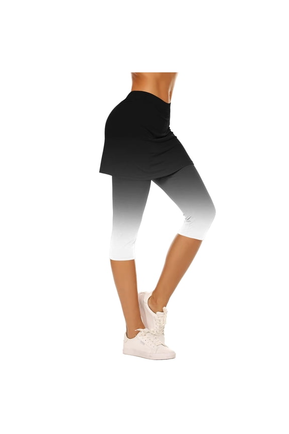 DeHolifer Skirted Leggings for Women Gradient Color Tennis Golf Skorts Capris Gym Yoga Legging with Skirts Black 2XL