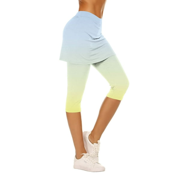 DeHolifer Skirted Leggings for Women Gradient Color Tennis Golf Skorts Capris Gym Yoga Legging with Skirts Light Blue 2XL