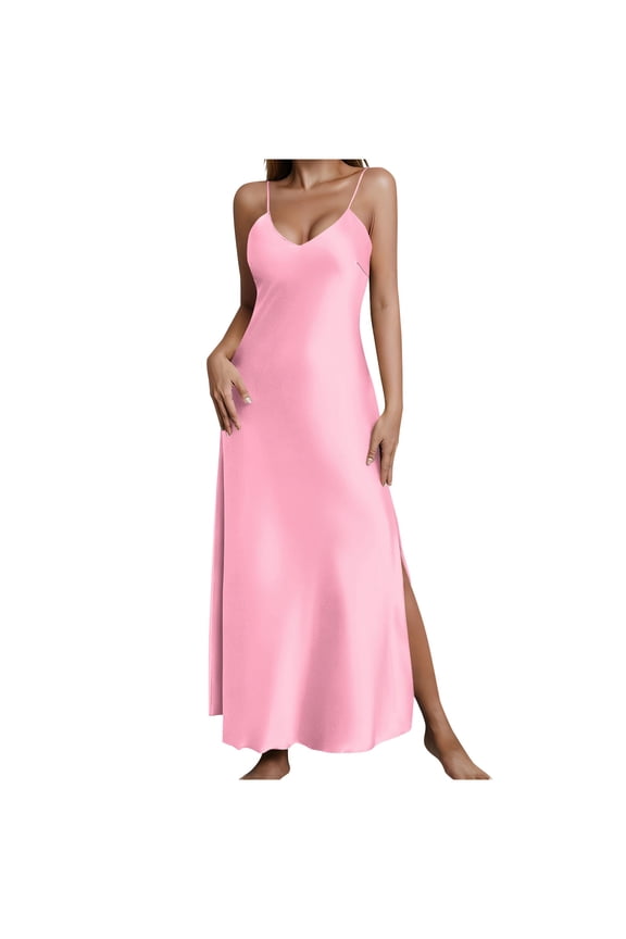 Sleep Dresses for Women Long Split Hem Silk Satin Slip Dress Summer Comfy Sleeveless V-Neck Lounge Pajama Sundress Pink S