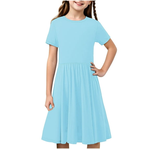 DeHolifer Summer Dresses for Girl Pretty Pure Splice Crewneck Short Sleeve Lightweight A-Line Swing Dresses,11 Years