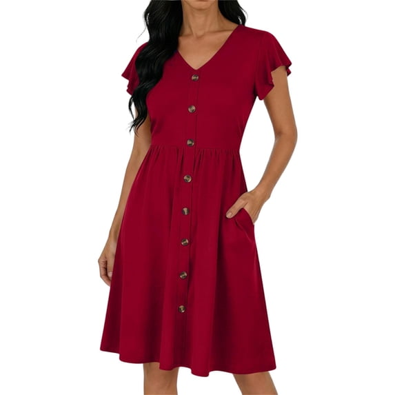 DeHolifer Summer Dresses for Women Casual Loose Cap Sleeve Sundress Swing Button Down Dress Beach Vacation Travel Outfit Red M