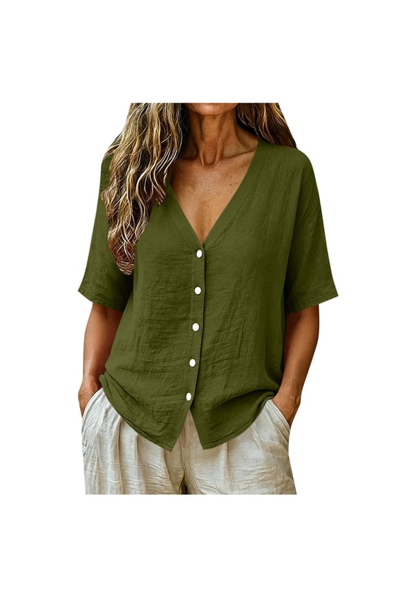 Summer Linen Tops for Women Plus Size V-Neck Boho Button Up Collared Blouse Linen Tops Army Green 2XL