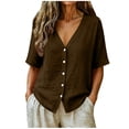thumbnail image 1 of DeHolifer Summer Linen Tops for Women Plus Size V-Neck Boho Button Up Collared Blouse Linen Tops Brown M, 1 of 7