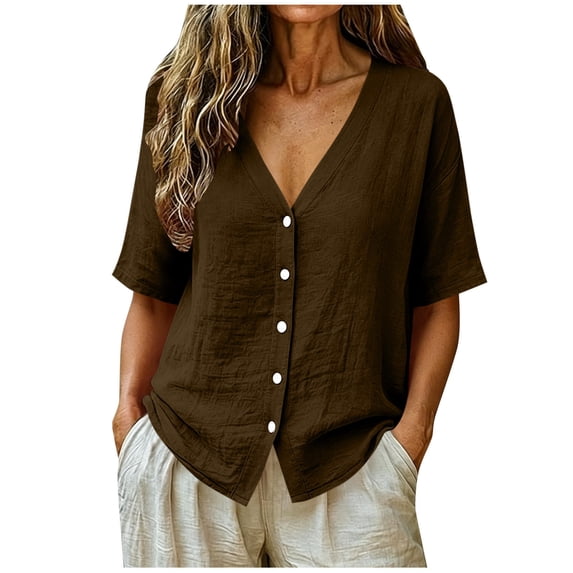DeHolifer Summer Linen Tops for Women Plus Size V-Neck Boho Button Up Collared Blouse Linen Tops Brown M