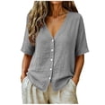 thumbnail image 1 of DeHolifer Summer Linen Tops for Women Plus Size V-Neck Boho Button Up Collared Blouse Linen Tops Gray M, 1 of 7