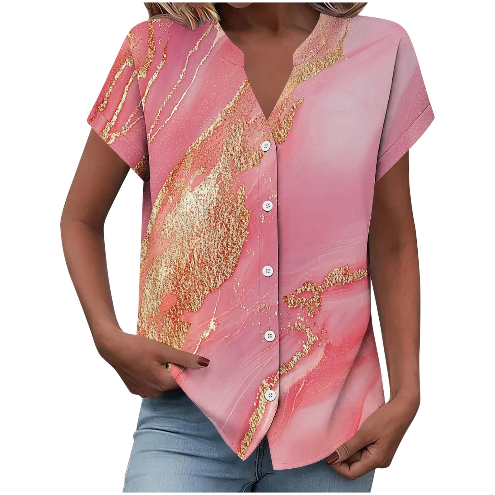 DeHolifer Summer Linen Tops for Women Roll Up Short Sleeve T-Shirts ...