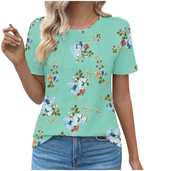 QQAMB Summer T Shirt for Women Crewneck Floral Prined Short Sleeve Casual Tee T Shirt Loose Dressy Pullover Tops Green XL