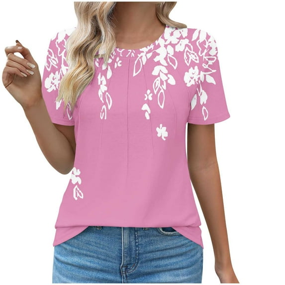 DeHolifer Summer T Shirt for Women Crewneck Floral Prined Short Sleeve Casual Tee T Shirt Loose Dressy Pullover Tops Pink XL