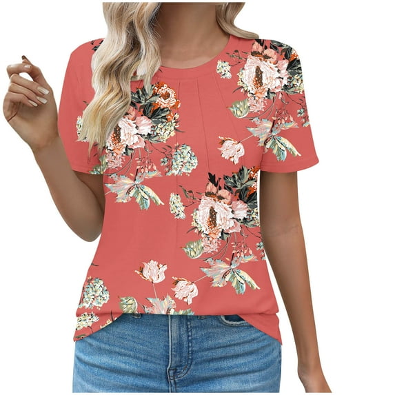 DeHolifer Summer T Shirt for Women Crewneck Floral Prined Short Sleeve Casual Tee T Shirt Loose Dressy Pullover Tops Watermelon Red L