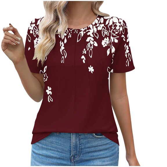 QQAMB Summer T Shirt for Women Crewneck Floral Prined Short Sleeve Casual Tee T Shirt Loose Dressy Pullover Tops Wine 2XL