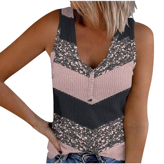 DeHolifer Summer Tank Tops for Women V-Neck Ribbed Sleeveless Shirts Color Block Button Up Blouse Casual T-Shirt Pink S