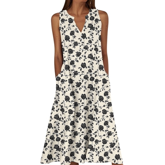 DeHolifer Sundresses Dresses for Women Summer Sleeveless V-Neck Casual Midi Tank Beach Vacation Dresses with Pockets Multicolor 5XL