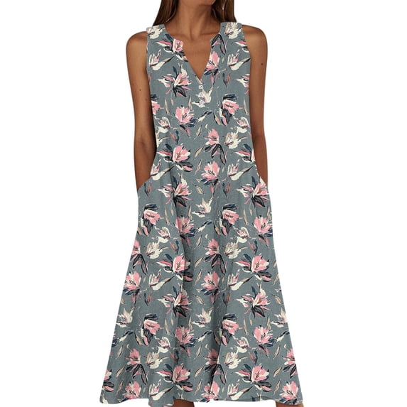 DeHolifer Sundresses Dresses for Women Summer Sleeveless V-Neck Casual Midi Tank Beach Vacation Dresses with Pockets Multicolor S