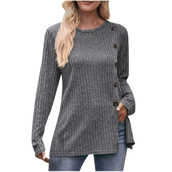 DeHolifer Sweater for Women Crewneck Button Long Sleeve Solid Color Split Ribbed Knit Sweater Fall Fashion Blouse Dark Gray S