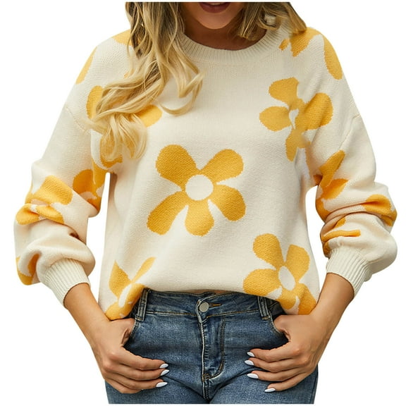 QQAMB Sweater for Women Cute Flower Oversized Crewneck Cable Knit Pullover Top Long Sleeve Aesthetic Sweater Beige L