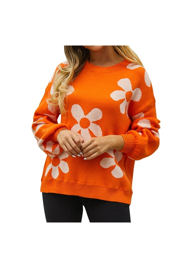 Sweater for Women Cute Flower Oversized Crewneck Cable Knit Pullover Top Long Sleeve Aesthetic Sweater Orange L
