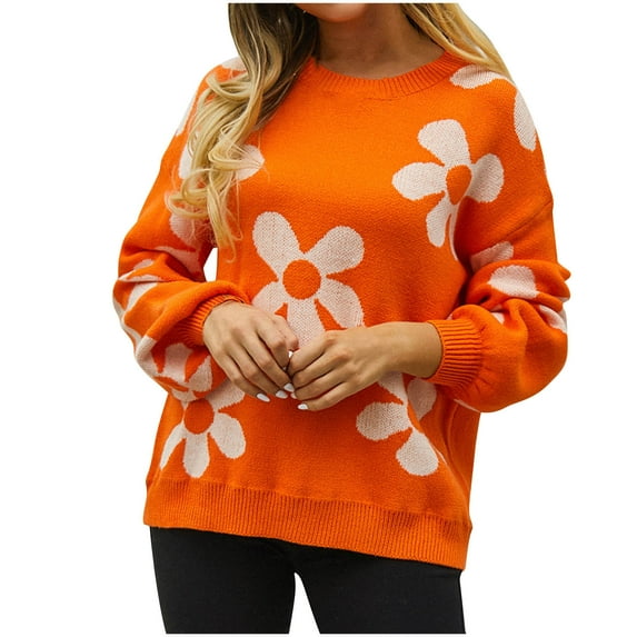 QQAMB Sweater for Women Cute Flower Oversized Crewneck Cable Knit Pullover Top Long Sleeve Aesthetic Sweater Orange M