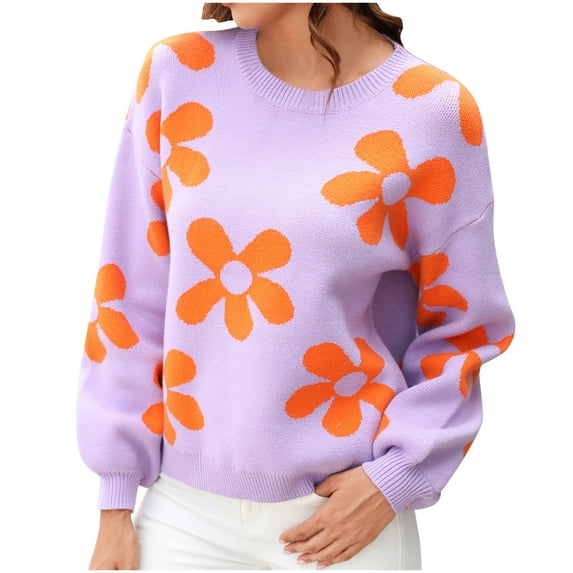 QQAMB Sweater for Women Cute Flower Oversized Crewneck Cable Knit Pullover Top Long Sleeve Aesthetic Sweater Purple XL