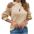 thumbnail image 1 of QQAMB Sweater for Women Long Sleeve Cold Shoulder Cross Lantern Sleeve Knit Sweater Fall Winter Pullover Tops Khaki L, 1 of 5