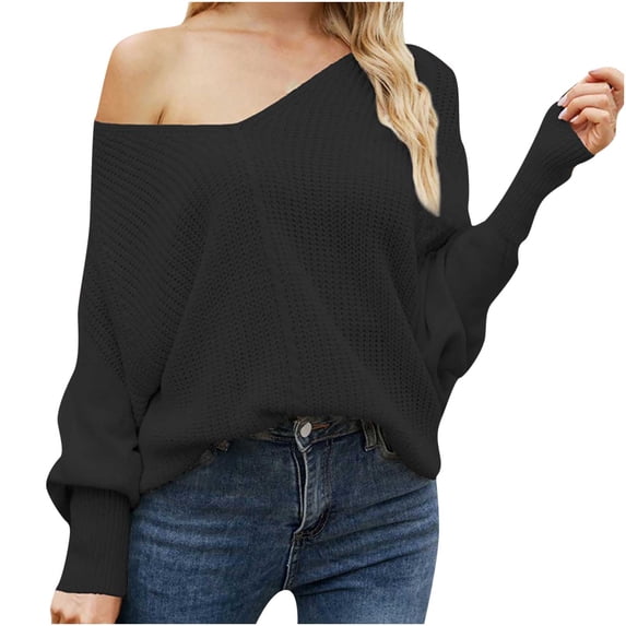 DeHolifer Sweater for Women Long Sleeve Cold Shoulder V Neck Knit Sweater Fall Winter Pullover Tops Black L