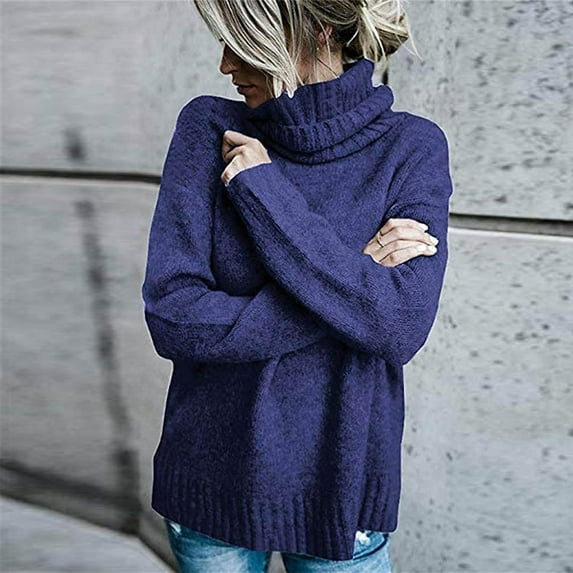 DeHolifer Sweater for Women Plus Size Solid Turtleneck High Neck Balloon Long Sleeve Knit Sweaters Pullover 2023 Winter Fall Outerwear Dark Blue S