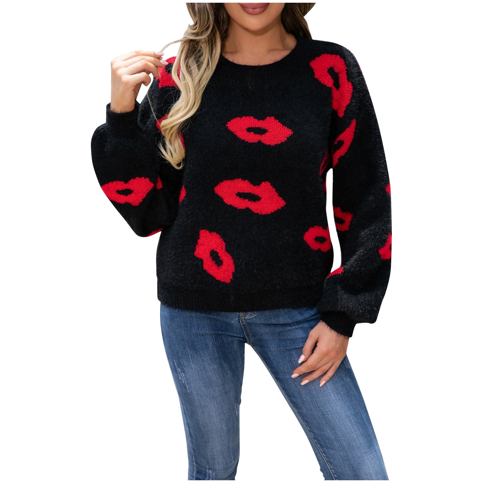 DeHolifer Sweaters for Women Lips Print Valentine's Day Long