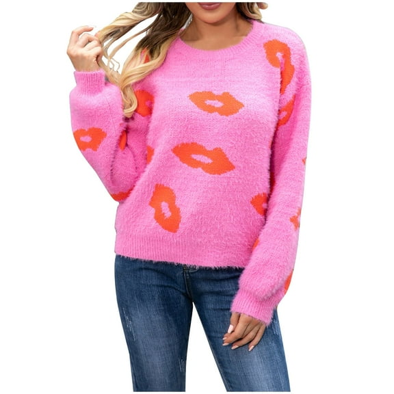 DeHolifer Sweaters for Women Lips Print Valentine's Day Long Sleeve Round Neck Pullover Knit Jumper Tops Winter Loose Fuzzy Knitwear Fall Warm Tops Hot Pink S