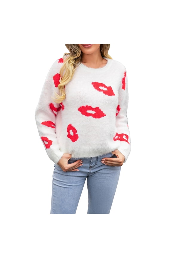 DeHolifer Sweaters for Women Lips Print Valentine's Day Long Sleeve Round Neck Pullover Knit Jumper Tops Winter Loose Fuzzy Knitwear Fall Warm Tops White S