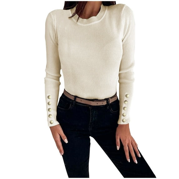 DeHolifer Sweaters for Women Crewneck Long Sleeve Solid Color Ribbed Knit Sweaters Loose Casual Blouse Tops Beige M