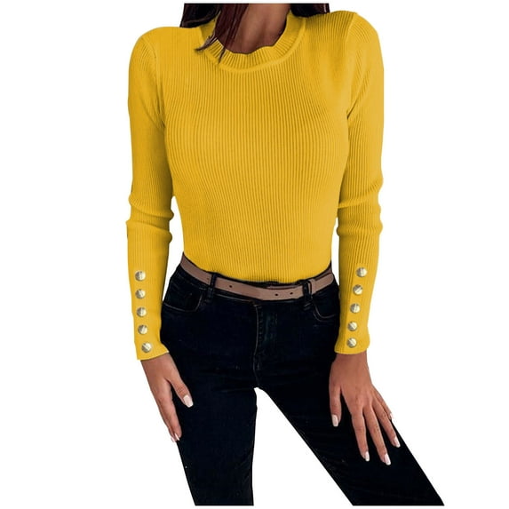 DeHolifer Sweaters for Women Crewneck Long Sleeve Solid Color Ribbed Knit Sweaters Loose Casual Blouse Tops Yellow S