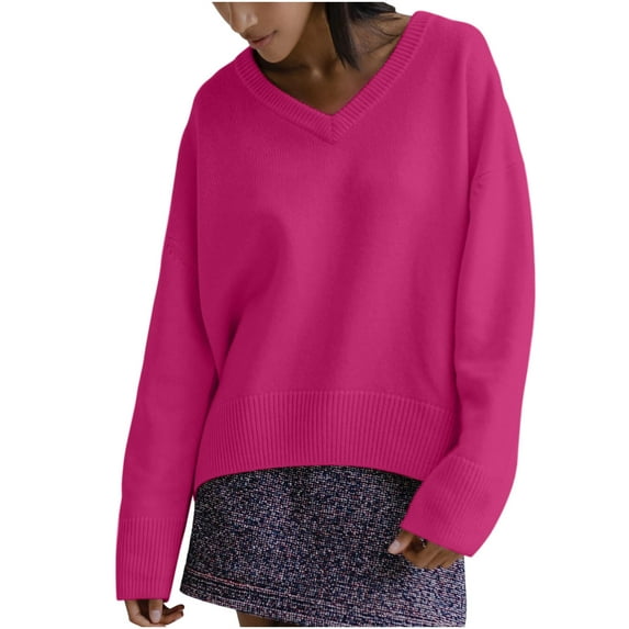 QQAMB Sweaters for Women V Neck Long Sleeve Shirts Loose Casual Jumpers Winter Fashion Pullover Tops Hot Pink L
