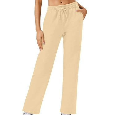 DeHolifer Sweatpants for Women Casual Solid Color Elastic Waist Wide Leg Drawstring Pockets Joggers Pants Beige L