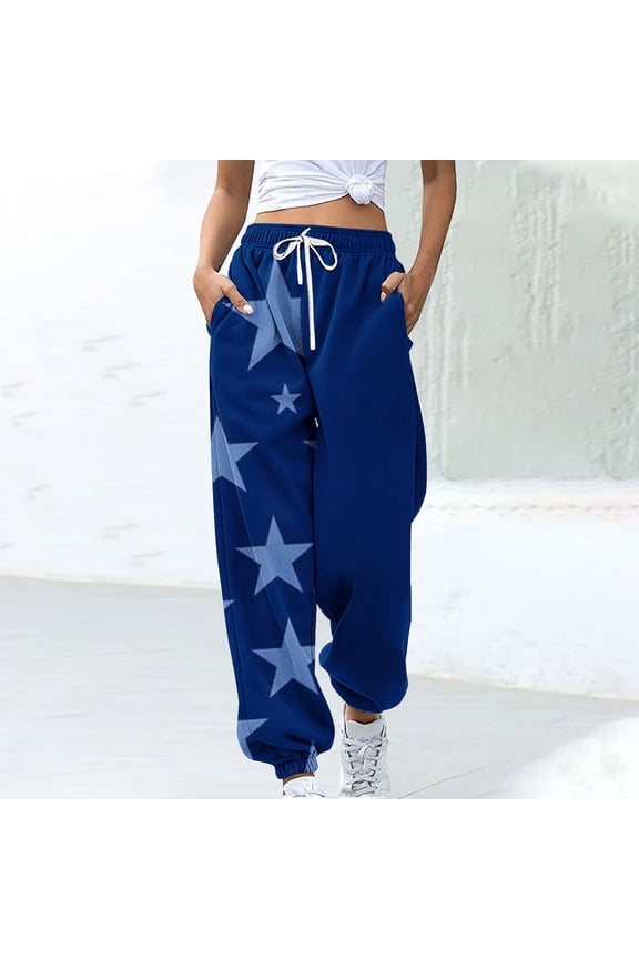 Sweatpants for Women High Waist Elastic Waist Drawstring Star Print Straight Leg Sweatpants Casual Loose Joggers Pants Sky Blue L