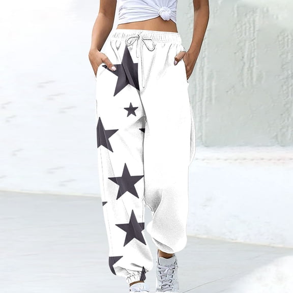 DeHolifer Sweatpants for Women High Waist Elastic Waist Drawstring Star Print Straight Leg Sweatpants Casual Loose Joggers Pants White 2XL