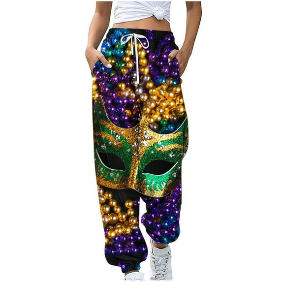 QQAMB Sweatpants for Women Mardi Gras Elastic Waist Drawstring Joggers Mask Printed Straight Leg Sweatpants Multicolor L
