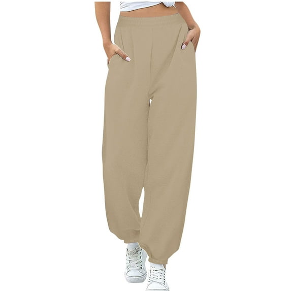 QQAMB Sweatpants for Women Pockets Joggers High Waist Solid Color Straight Leg Trendy Workout Sweatpant Khaki L