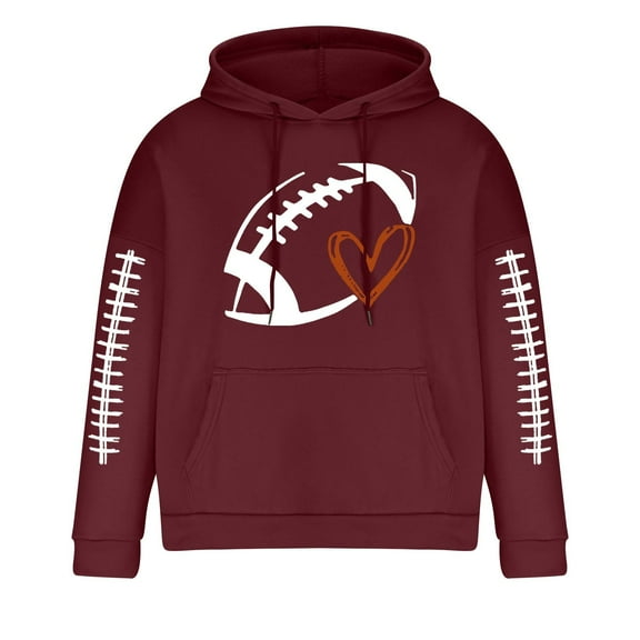 DeHolifer Sweatshirt for Men Plus Size Hoodies Long Sleeve Football Print Drawstring Pocket Pullover Hoodies Sweatshirts Wine 2XL