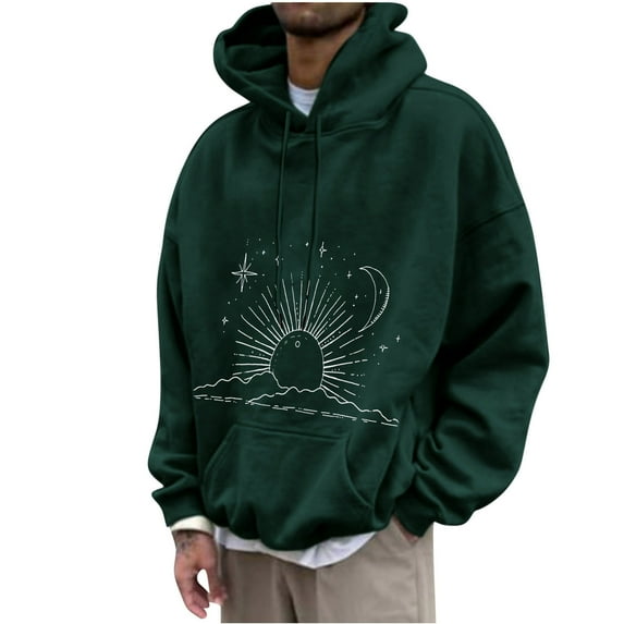 DeHolifer Sweatshirts for Men Plus Size Sun and Moon Graphic Print Long Sleeve Drawstring Hoodies Sweatshirts Fall Winter Fashion Outfits Army Green 3XL